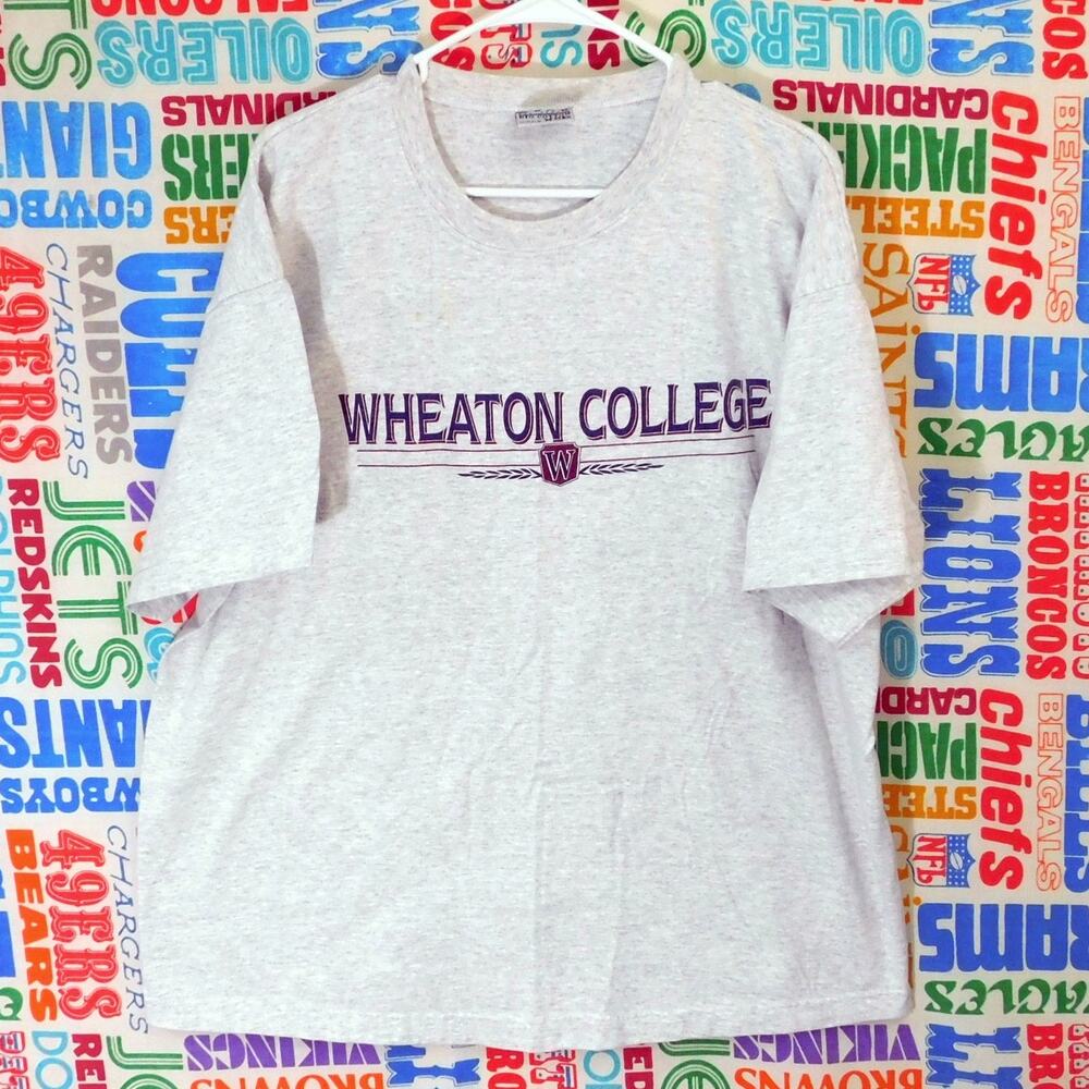 Vintage 90s Wheaton College T Shirt Size 2XL Gray Gear For Sports